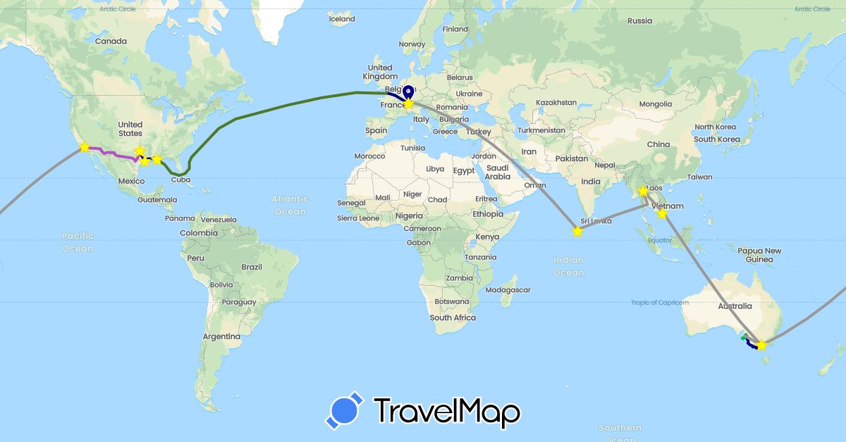 TravelMap itinerary: driving, bus, plane, train, boat, container ship in Australia, Switzerland, France, Maldives, Thailand, United States, Vietnam (Asia, Europe, North America, Oceania)
